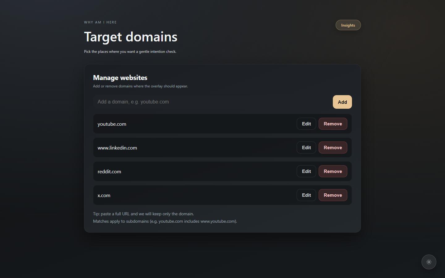 Options screen with guarded domains setup